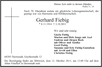 Traueranzeige von Gerhard Fiebig von Echo-Zeitungen (Gesamtausgabe)