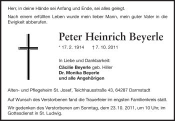 Traueranzeige von Peter Heinrich Beyerle von Darmstädter Echo, Odenwälder Echo, Rüsselsheimer Echo, Groß-Gerauer-Echo, Ried Echo