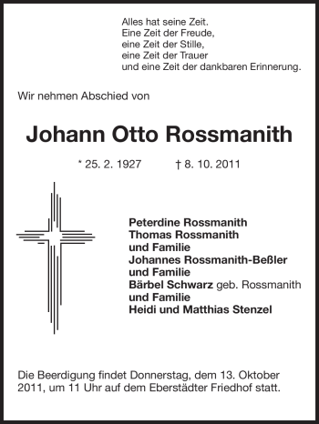 Traueranzeige von Johann Otto Rossmanith von Echo-Zeitungen (Gesamtausgabe)