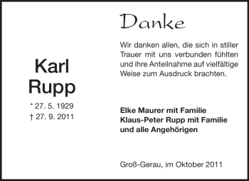 Traueranzeige von Karl Rupp von Rüsselsheimer Echo, Groß-Gerauer-Echo, Ried Echo