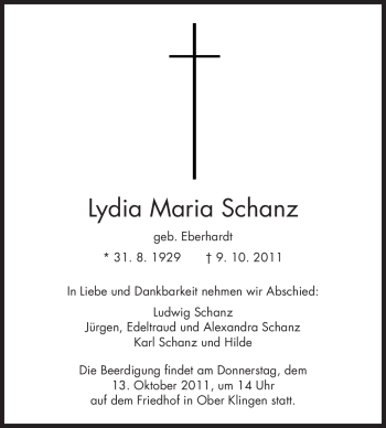 Traueranzeige von Lydia Maria Schanz von Echo-Zeitungen (Gesamtausgabe)