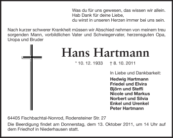 Traueranzeige von Hans Hartmann von Echo-Zeitungen (Gesamtausgabe)
