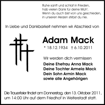 Traueranzeige von Adam Mack von Echo-Zeitungen (Gesamtausgabe)