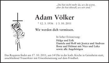 Traueranzeige von Adam Völker von Rüsselsheimer Echo, Groß-Gerauer-Echo, Ried Echo