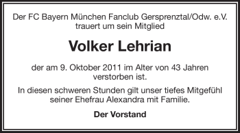 Traueranzeige von Volker Lehrian von Odenwälder Echo