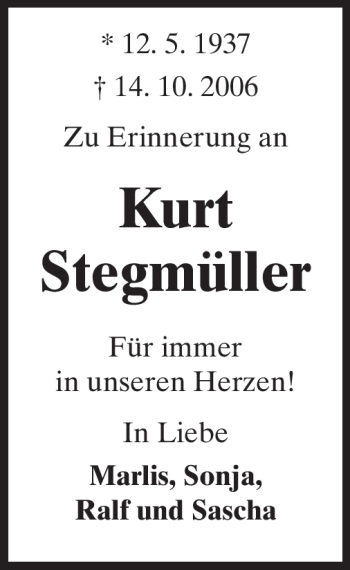 Traueranzeige von Kurt Stegmüller von Odenwälder Echo