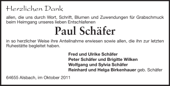Traueranzeige von Paul Schäfer von Echo-Zeitungen (Gesamtausgabe)
