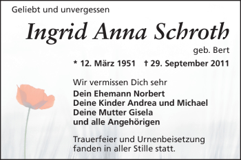 Traueranzeige von Ingrid Anna Schroth von Echo-Zeitungen (Gesamtausgabe)
