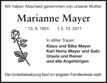 Traueranzeige von Marianne Mayer von Odenwälder Echo