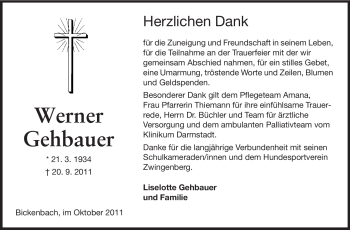 Traueranzeige von Werner Gehbauer von Echo-Zeitungen (Gesamtausgabe)
