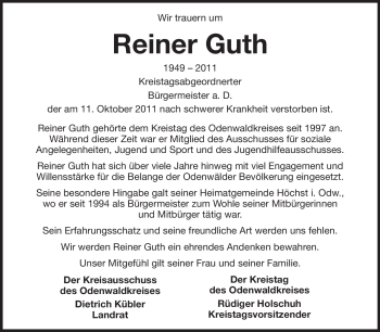 Traueranzeige von Reiner Guth von Odenwälder Echo
