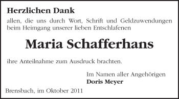 Traueranzeige von Maria Schafferhans von Odenwälder Echo