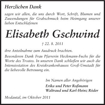 Traueranzeige von Elisabeth Gschwind von Echo-Zeitungen (Gesamtausgabe)