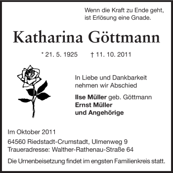 Traueranzeige von Katharina Göttmann von Rüsselsheimer Echo, Groß-Gerauer-Echo, Ried Echo