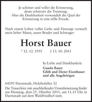 Traueranzeige von Horst Bauer von Darmstädter Echo, Odenwälder Echo, Rüsselsheimer Echo, Groß-Gerauer-Echo, Ried Echo