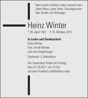Traueranzeige von Heinz Winter von Rüsselsheimer Echo, Groß-Gerauer-Echo, Ried Echo