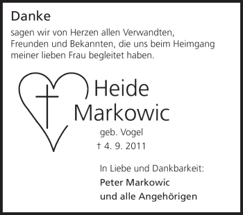 Traueranzeige von Heide Markowic von Darmstädter Echo, Odenwälder Echo, Rüsselsheimer Echo, Groß-Gerauer-Echo, Ried Echo