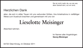 Traueranzeige von Lieselotte Meisinger von Odenwälder Echo