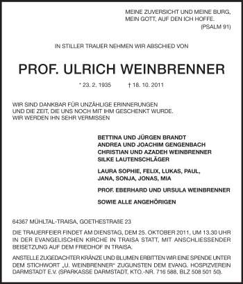 Traueranzeige von Ulrich Weinbrenner von Echo-Zeitungen (Gesamtausgabe)