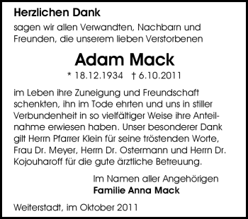Traueranzeige von Adam Mack von Echo-Zeitungen (Gesamtausgabe)
