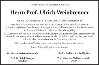 Traueranzeige von Ulrich Weinbrenner von Echo-Zeitungen (Gesamtausgabe)