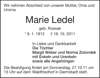 Traueranzeige von Marie Leder von Darmstädter Echo, Odenwälder Echo, Rüsselsheimer Echo, Groß-Gerauer-Echo, Ried Echo