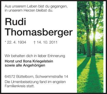 Traueranzeige von Rudi Thomasberger von Rüsselsheimer Echo, Groß-Gerauer-Echo, Ried Echo