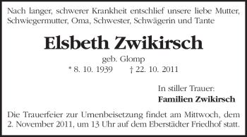 Traueranzeige von Elsbeth Zwikirsch von Echo-Zeitungen (Gesamtausgabe)