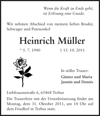 Traueranzeige von Heinrich Müller von Rüsselsheimer Echo, Groß-Gerauer-Echo, Ried Echo