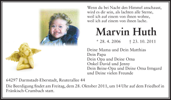 Traueranzeige von Marvin Huth von Echo-Zeitungen (Gesamtausgabe)