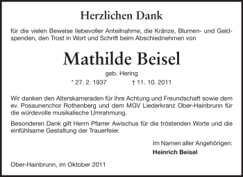 Traueranzeige von Mathilde Beisel von Odenwälder Echo