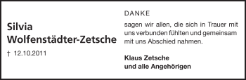 Traueranzeige von Silvia Wolfenstädter-Zetsche von Echo-Zeitungen (Gesamtausgabe)