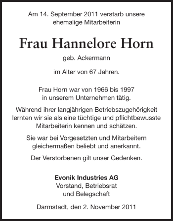 Traueranzeige von Hannelore Horn von Echo-Zeitungen (Gesamtausgabe)