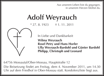 Traueranzeige von Adolf Weyrauch von Echo-Zeitungen (Gesamtausgabe)