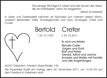 Traueranzeige von Bertold Creter von Darmstädter Echo, Odenwälder Echo, Rüsselsheimer Echo, Groß-Gerauer-Echo, Ried Echo