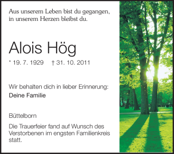Traueranzeige von Alois Hög von Rüsselsheimer Echo, Groß-Gerauer-Echo, Ried Echo