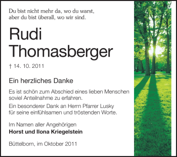 Traueranzeige von Rudi Thomasberger von Rüsselsheimer Echo, Groß-Gerauer-Echo, Ried Echo