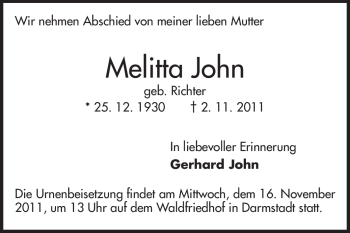 Traueranzeige von Melitta John von Darmstädter Echo, Odenwälder Echo, Rüsselsheimer Echo, Groß-Gerauer-Echo, Ried Echo