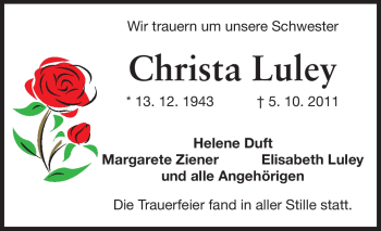 Traueranzeige von Christa Luley von Rüsselsheimer Echo, Groß-Gerauer-Echo, Ried Echo