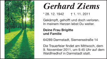 Traueranzeige von Gerhard Ziems von Darmstädter Echo, Odenwälder Echo, Rüsselsheimer Echo, Groß-Gerauer-Echo, Ried Echo