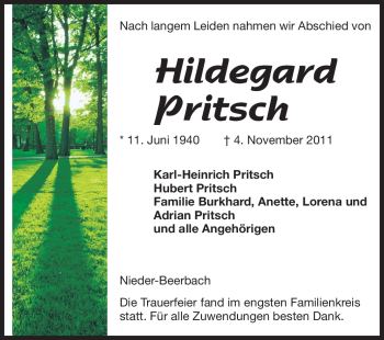 Traueranzeige von Hildegard Pritsch von Echo-Zeitungen (Gesamtausgabe)