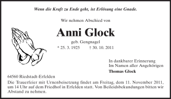 Traueranzeige von Anni Glock von Rüsselsheimer Echo, Groß-Gerauer-Echo, Ried Echo