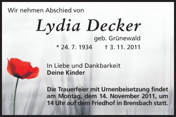 Traueranzeige von Lydia Decker von Odenwälder Echo