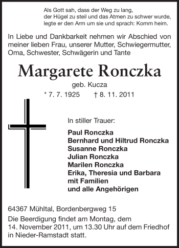 Traueranzeige von Margarete Ronczka von Echo-Zeitungen (Gesamtausgabe)