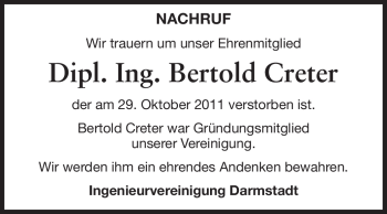 Traueranzeige von Bertold Creter von Echo-Zeitungen (Gesamtausgabe)