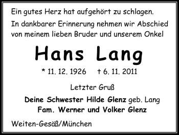 Traueranzeige von Hans Lang  von Odenwälder Echo