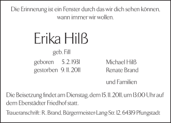 Traueranzeige von Erika Hilß von Darmstädter Echo, Odenwälder Echo, Rüsselsheimer Echo, Groß-Gerauer-Echo, Ried Echo