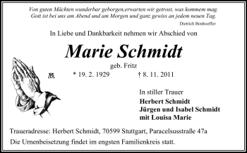 Traueranzeige von Marie Schmidt von Odenwälder Echo