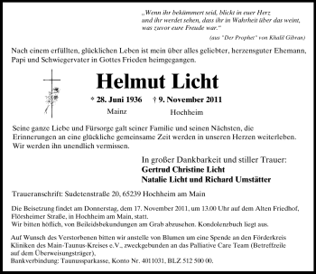 Traueranzeige von Helmut Licht von Rüsselsheimer Echo, Groß-Gerauer-Echo, Ried Echo