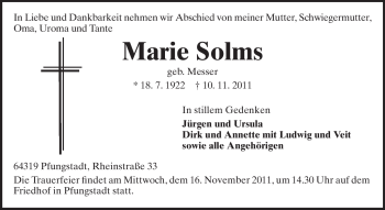 Traueranzeige von Marie Solms von Echo-Zeitungen (Gesamtausgabe)